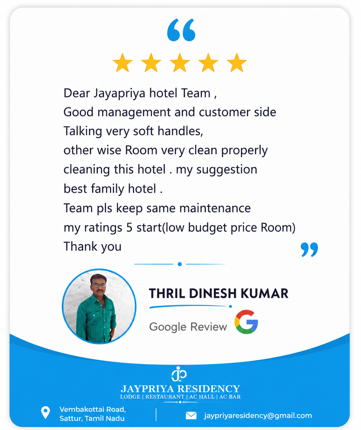 Guest feedback about Jaypriya Residency Sattur hotel stay